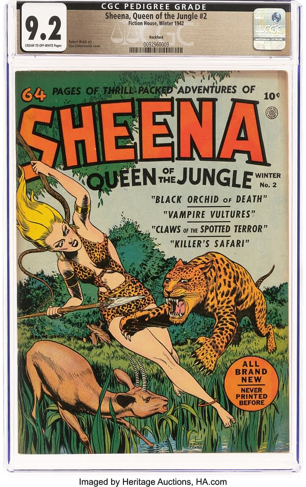 Sheena, Queen of the Jungle #2 (Fiction House, 1942) front cover by Dan Zolnerowich. Sheena swings with a knife near a leopard and antelope, in the Rockford CGC 9.2 pedigree holder.
