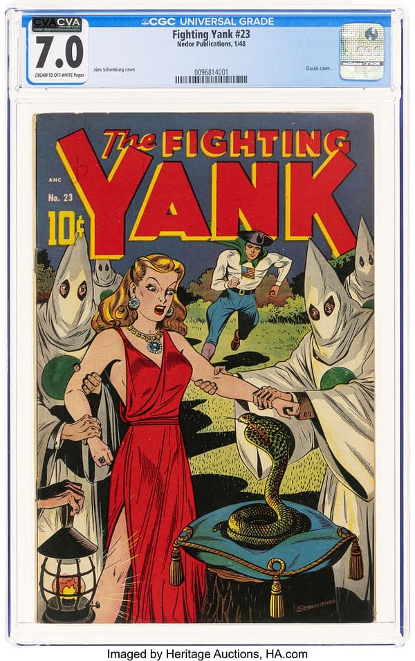 Fighting Yank #23 front cover by Alex Schomburg, showing the hero approaching white-hooded figures holding a woman near a cobra; CGC Universal 7.0 holder.