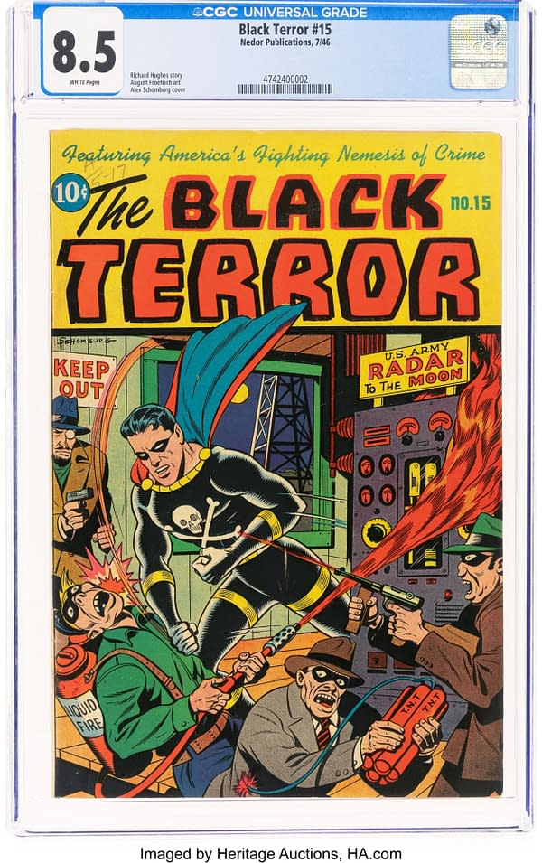 The Black Terror #15 (Nedor Publications, 1946) front cover by Alex Schomburg in its CGC 8.5 holder. Black Terror battles armed criminals at an installation labeled U.S. Army Radar to the Moon.