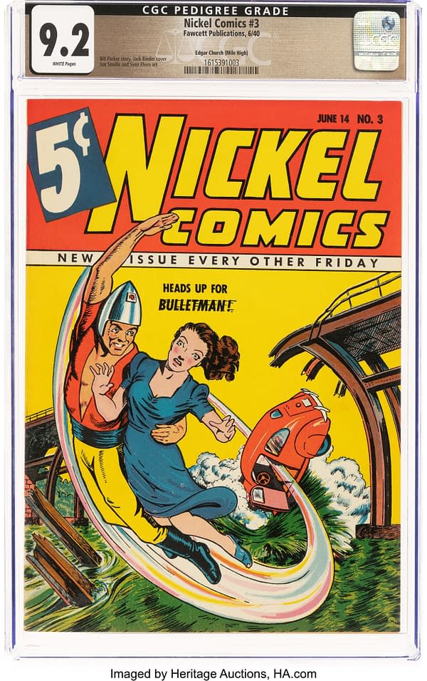 Nickel Comics #3 (Fawcett, 1940) front cover by Jack Binder, in its CGC 9.2 Mile High pedigree holder. Bulletman rescues a woman beside a collapsing railway bridge and falling train.