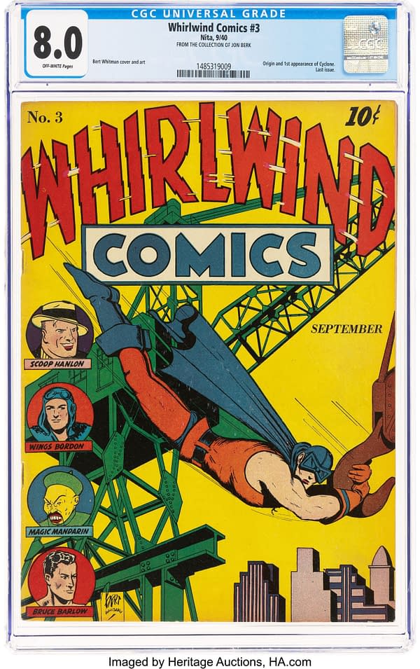 Whirlwind Comics #3 (Nita, 1940) front cover by Bert Whitman in its CGC 8.0 holder. Cyclone hangs from construction steel and grabs an armed man's wrist beside a vertical strip of character portraits.