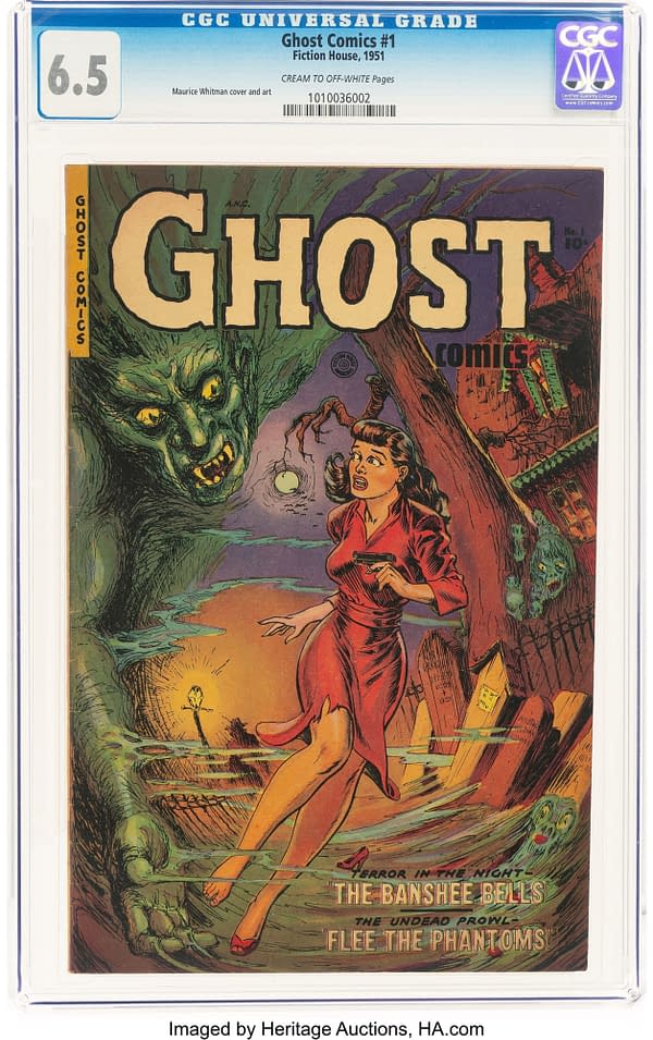 Ghost Comics #1 (Fiction House, 1951) front cover by Maurice Whitman. A woman in a red dress holds a pistol while an enormous green apparition looms beside her among coffins and spectral faces.