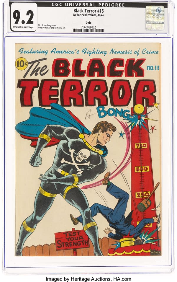 The Black Terror #16 (Nedor, 1946) front cover by Alex Schomburg. Black Terror knocks a crook onto a carnival strength tester.