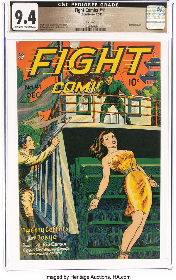 Fight Comics #41 (Fiction House, 1945) front cover by Joe Doolin. An armed man attempts to rescue a woman bound to a ship's paddle wheel.