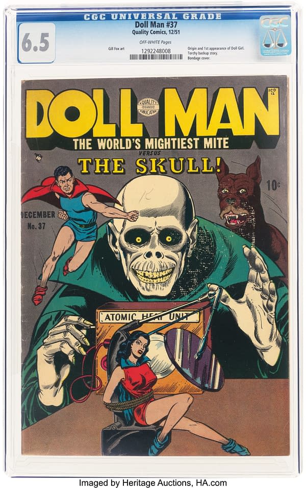 Vintage comic-book illustration of Doll Girl tied to a chair in an atomic-age machine, with oversized hands looming behind her.