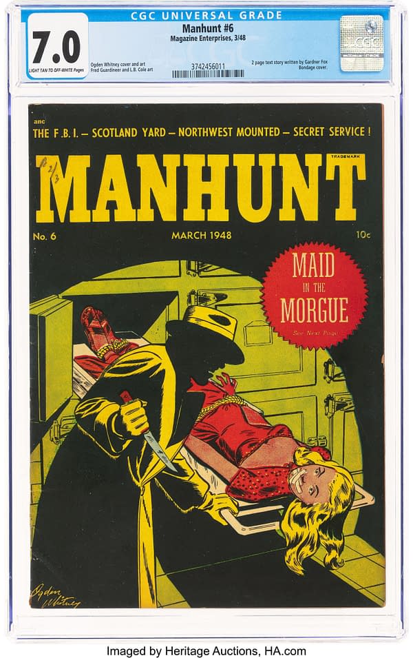 Manhunt #6 (Magazine Enterprises, 1948) front cover by Ogden Whitney. A knife-wielding man leans over a bound woman in an open morgue drawer; a burst advertises Maid in the Morgue.