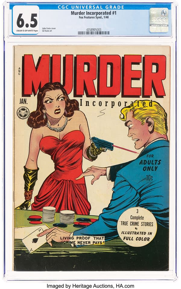 Murder Incorporated #1 (Fox, 1948) front cover by John Forte. A woman in a red strapless dress fires a handgun at a man across a gaming table; cover text advertises three complete true crime stories.