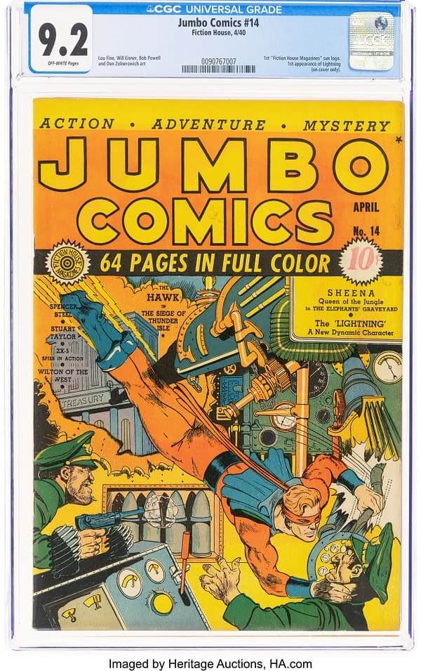 Jumbo Comics #14 (Fiction House, 1940) front cover. Lightning strikes a uniformed opponent amid gunfire and a large ray machine. The cover announces him as a new character.