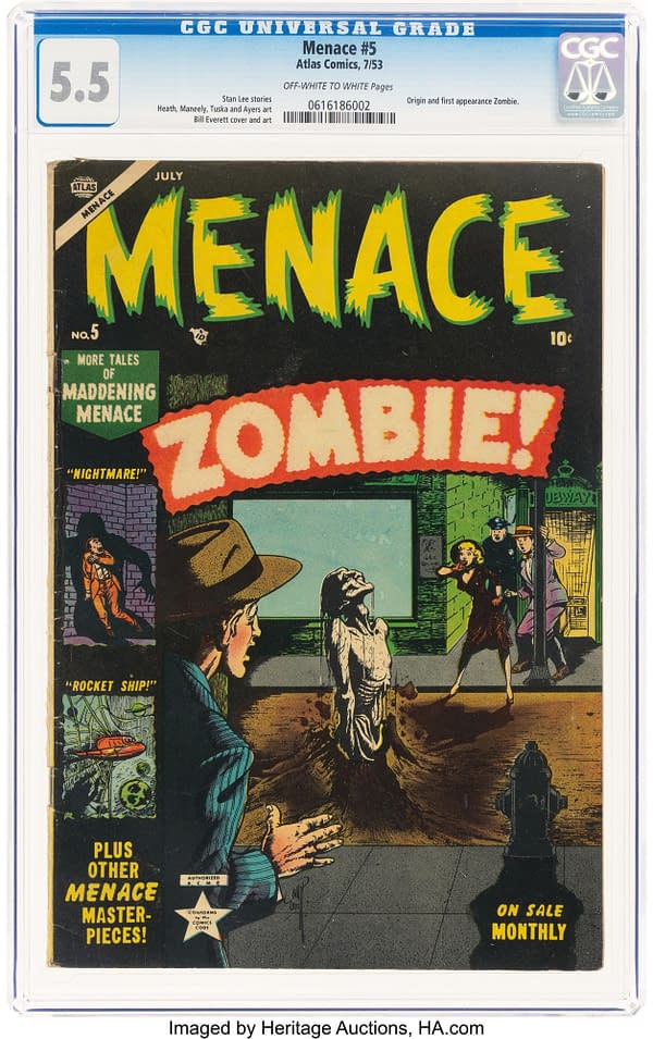 Menace #5 (Atlas, 1953) front cover by Bill Everett. A walking corpse staggers down a city street as shocked onlookers recoil.