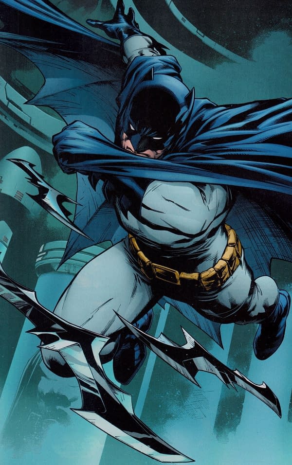 Batman tossing Batarangs forward in the face of villainy.