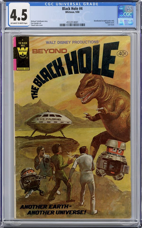 A vintage comic book cover for 'The Black Hole #4' features a dramatic scene with a dinosaur, a spaceship labeled 'U.S.S. Palomino,' and characters expressing surprise in a colorful extraterrestrial landscape.