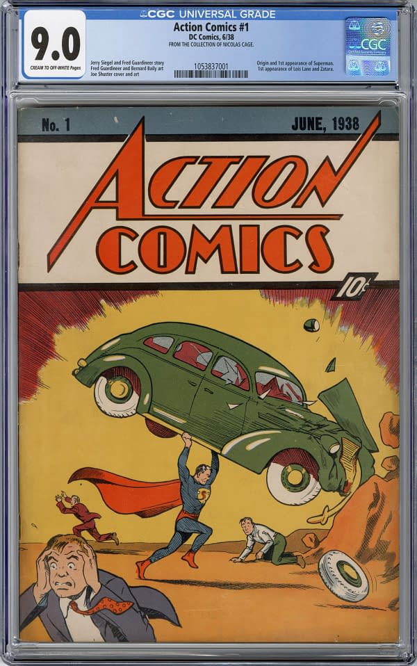 Action Comics #1 (DC Comics, 1938)., Cover of Action Comics #1 featuring Superman lifting a car above his head. The comic is graded 9.0 and dated June 1938, showcasing a vibrant comic book illustration.