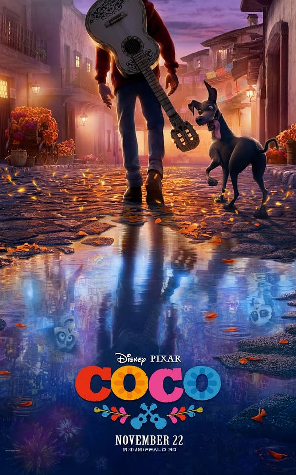 An illustration from the animated film 'Coco' features a young boy with a guitar walking alongside a playful dog. The scene is set in a vibrant, colorful street reflecting the evening sky and autumn leaves.