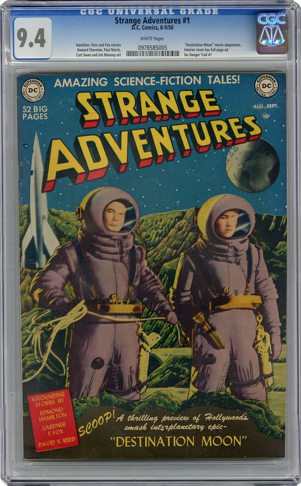 Cover of the 1950 comic book 'Strange Adventures #1', featuring two astronauts in space suits standing on a rocky terrain, with a rocket ship in the background and a starry sky.