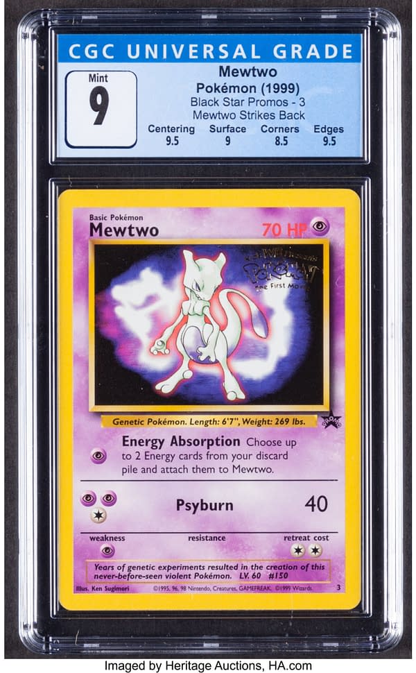 The front face of the Black Star Promo Mewtwo card from the Pokémon TCG. Currently available on auction at Heritage Auctions' website.