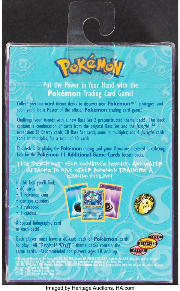 The back face of the sealed copy of the Psych Out theme deck from the Pokémon TCG. Currently available at auction on Heritage Auctions' website.