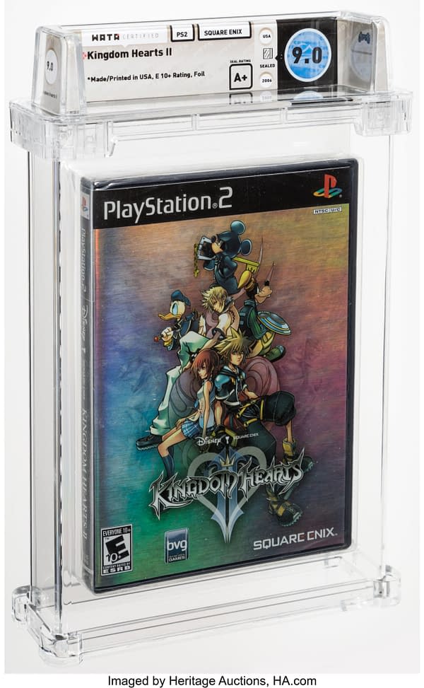 The front face of the sealed, graded copy of Kingdom Hearts II for the Sony PlayStation 2. Currently available at auction on Heritage Auctions' website.