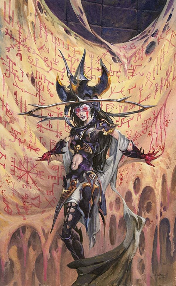 The art for Plots That Span Centuries, a promotional scheme card from Archenemy, a supplemental format comprised of oversized cards for Magic: The Gathering. Illustrated by Jesper Ejsing.