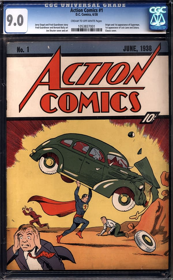 The cover of Action Comics #1 featuring Superman lifting a green car above his head, surrounded by startled individuals and debris. The comic book cover is graded CGC 9.0.