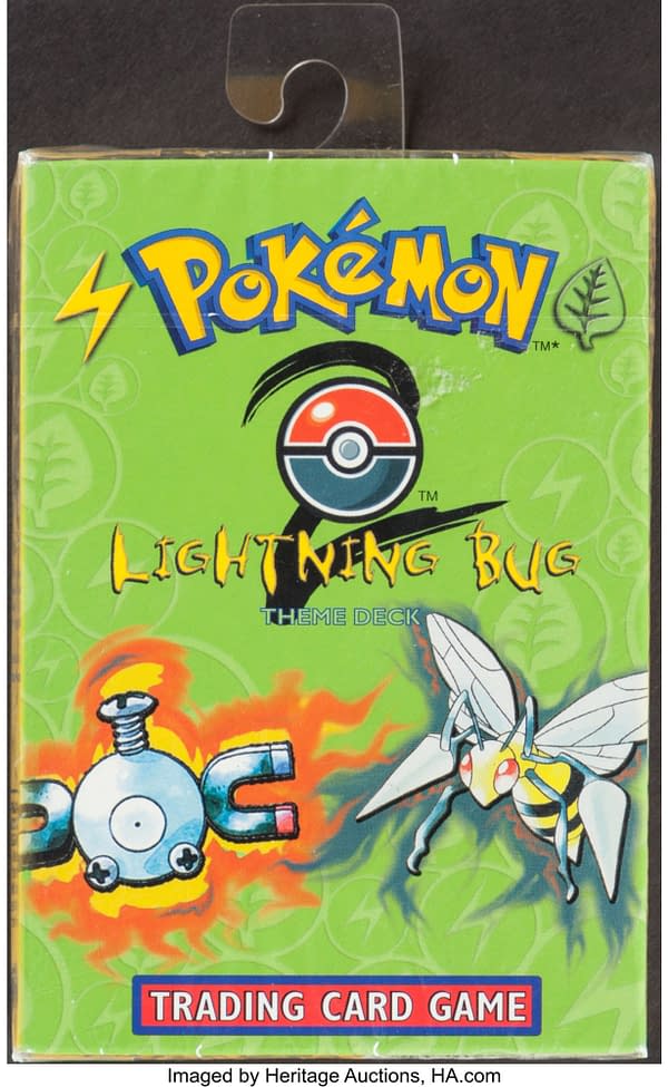 The front face of the sealed box containing a copy of the Lightning Bug theme deck from Base Set 2, a set for the Pokémon TCG. Currently available at auction on Heritage Auctions' website.