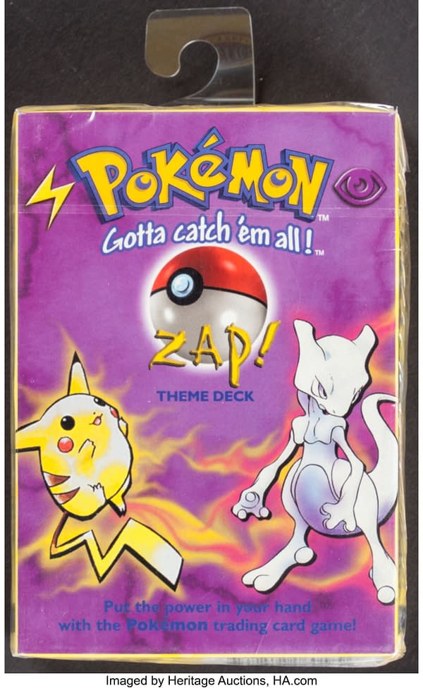 The front face of the sealed box for the Zap! theme deck from the Base Set of the Pokémon TCG. Currently available at auction on Heritage Auctions' website.