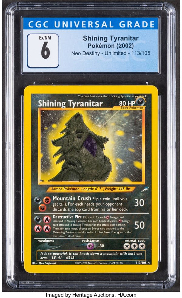 The front face of the graded copy of Shining Tyranitar from the Neo Destiny set for the Pokémon TCG. Currently available at auction on Heritage Auctions' website.