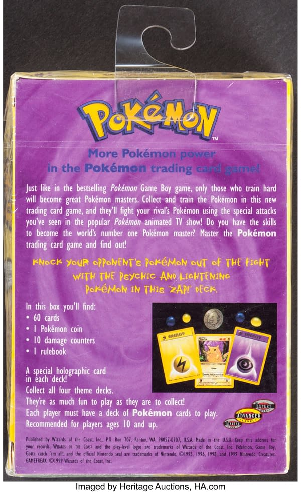 The back face of the sealed box for the Zap! theme deck from the Base Set of the Pokémon TCG. Currently available at auction on Heritage Auctions' website.
