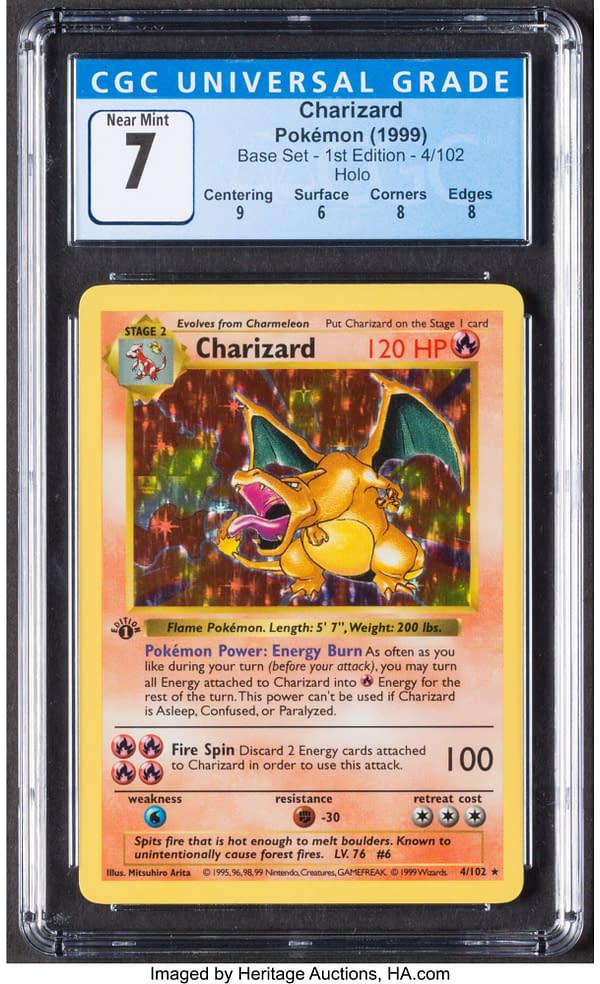 The front face of the shadowless, 1st edition copy of Charizard from the Pokémon TCG. Currently available at auction on Heritage Auctions' website.