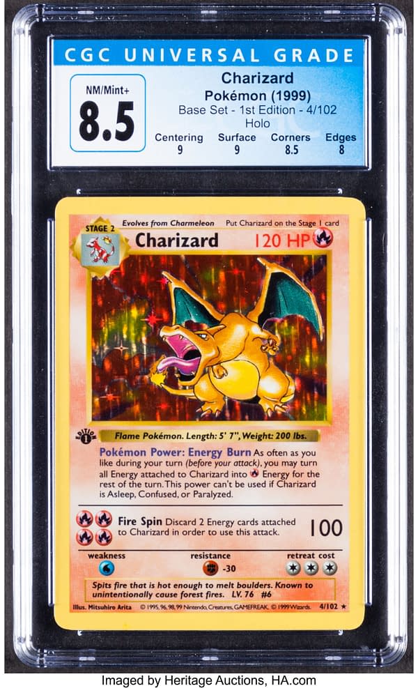 The front face of this 8.5-grade 1st Edition Base Set copy of Charizard from the Pokémon TCG. Currently available at auction on Heritage Auctions' website.