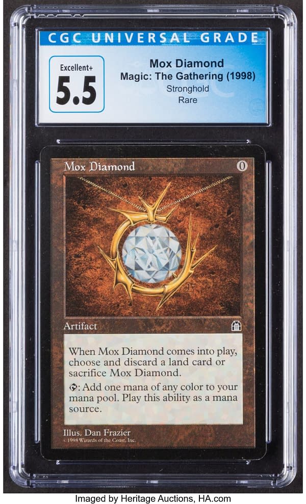 The front face of the graded copy of Mox Diamond, from Stronghold, an older expansion of the Magic: The Gathering trading card game. Currently available at auction on Heritage Auctions' website.