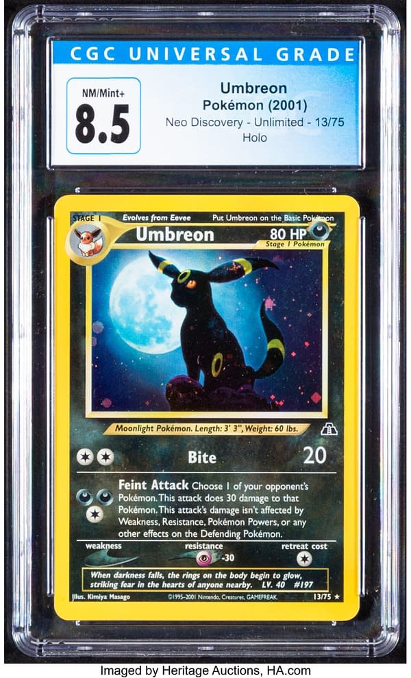 The front face of the graded holofoil copy of Umbreon from Neo Discovery, a set for the Pokémon TCG. Currently available at auction on Heritage Auctions' website.