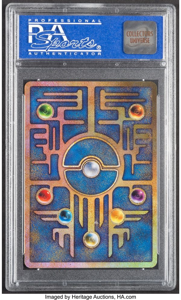 The front face of the Japanese misprinted copy of Ancient Mew from the Pokémon TCG. This card's front face is misprinted with the word "Nintedo" rather than Nintendo, on the bottom of the face. Currently available on auction at Heritage Auctions' website.