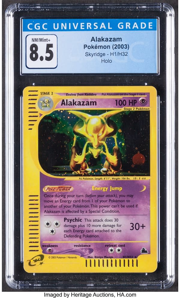 The front face of the graded copy of Alakazam from the Skyridge expansion set of the Pokémon TCG. Currently up for auction at Heritage Auctions' website.