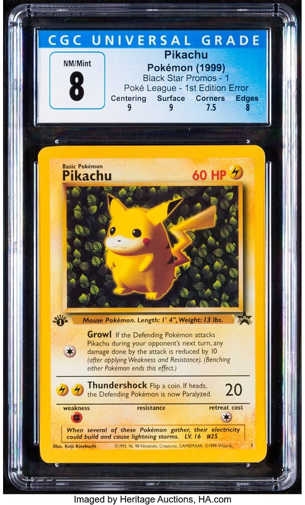 The front face of the Black Star Promo #1 Pikachu with a 1st Edition error, from the Pokémon TCG. Currently available at auction on Heritage Auctions' website.