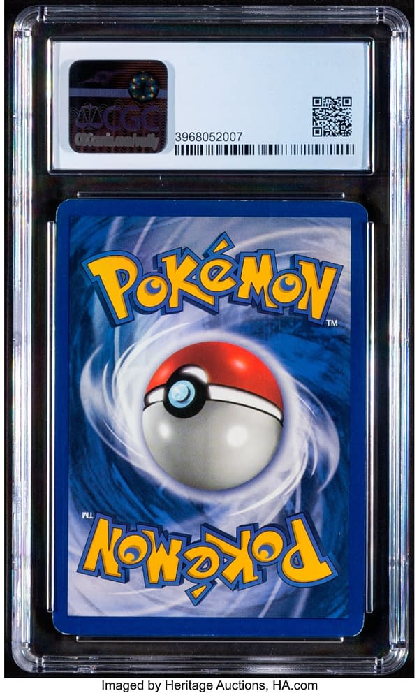 The back face of the Black Star Promo #1 Pikachu with a 1st Edition error, from the Pokémon TCG. Currently available at auction on Heritage Auctions' website.