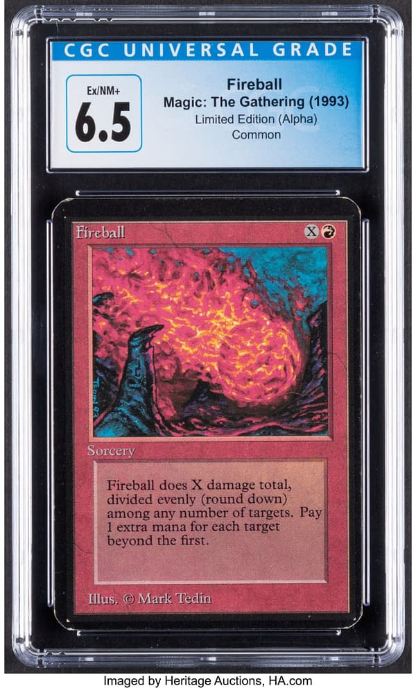 The front face of the graded copy of Fireball, a card from Limited Edition Alpha, the first set for Magic: The Gathering. Currently available at auction on Heritage Auctions' website.