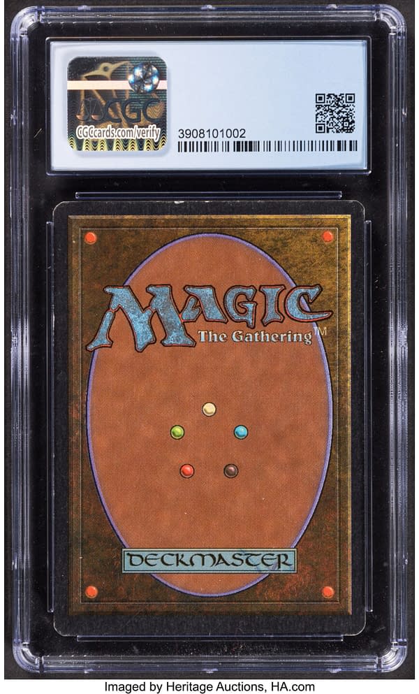The back face of the graded copy of Volcanic Island from Magic: The Gathering's Unlimited set. Currently available at auction on Heritage Auctions' website.