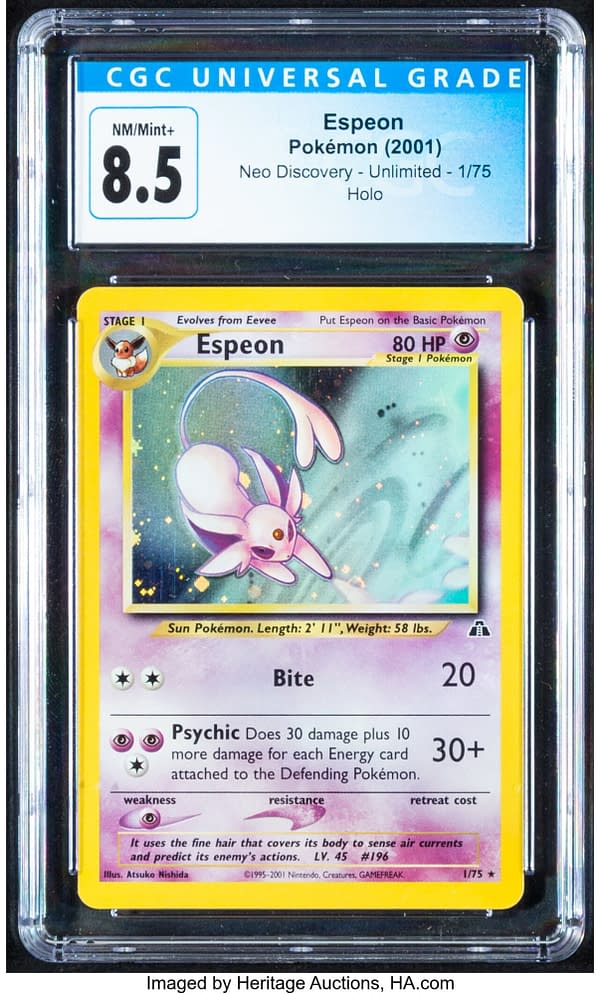 The front face of the graded holofoil copy of Espeon from Neo Discovery, a set for the Pokémon TCG. Currently available at auction on Heritage Auctions' website.