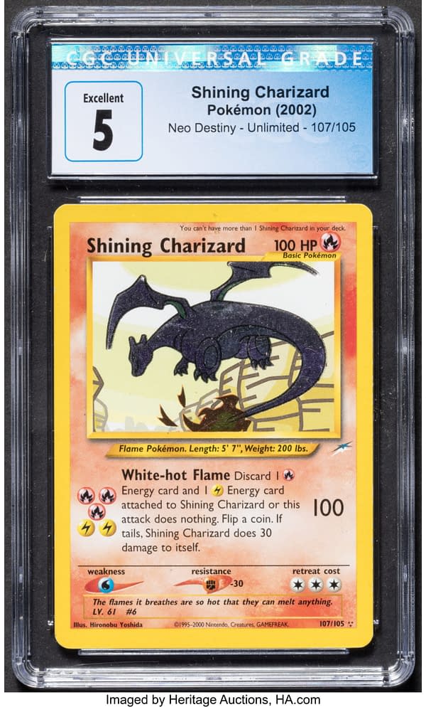 The front face of the graded Shining Charizard card from Neo Destiny, an expansion set for the Pokémon TCG. Currently available at auction on Heritage Auctions' website.