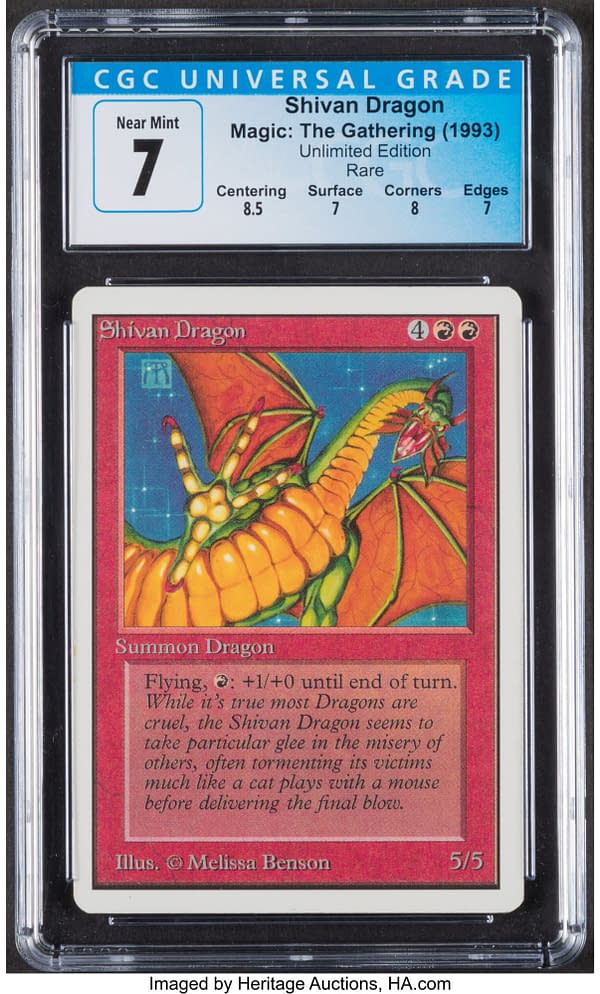 The front face of the graded copy of Shivan Dragon from the Unlimited Edition set of Magic: The Gathering. Currently available at auction on Heritage Auctions' website.