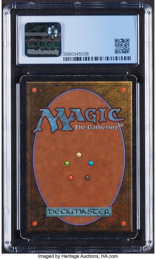 The back face of the graded copy of Bayou from Unlimited Edition, one of the oldest core sets for Magic: The Gathering. Currently available at auction on Heritage Auctions' website.