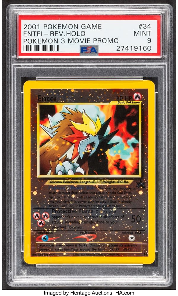 The front face of the Black Star movie promo copy of Entei from the Pokémon TCG. It is known to be one of the first reverse-holofoil cards in the game and was given out to audiences of the third Pokémon movie: Spell of the Unown. Currently available on auction at Heritage Auctions' website.
