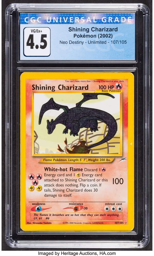 The front face of the graded Shining Charizard card from the Pokémon TCG's Neo Destiny expansion set. Note the card's triple-star rarity, denoting it as one of the rarer cards in the set. Currently available on auction at Heritage Auctions' website.