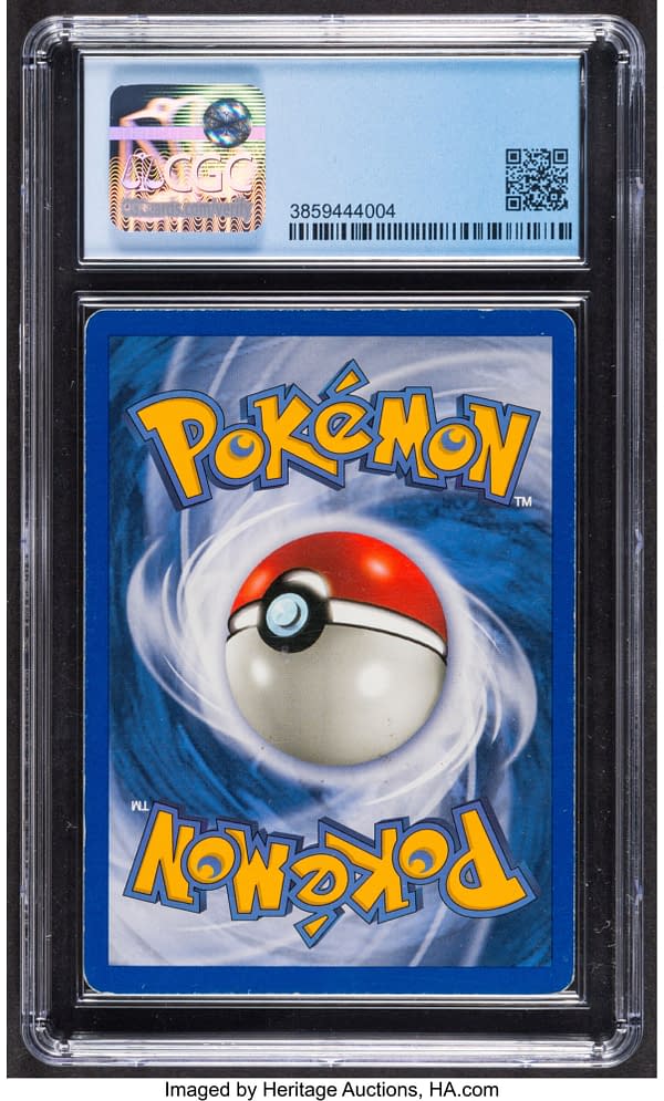 The back face of the graded Shining Charizard card from the Pokémon TCG's Neo Destiny expansion set. Currently available on auction at Heritage Auctions' website.