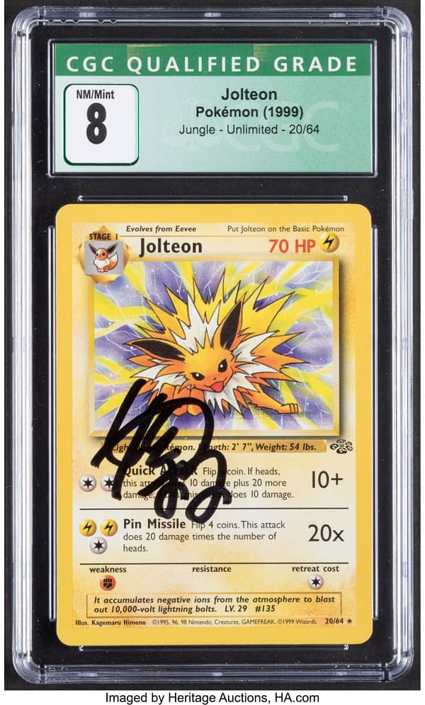 The front face of the signed copy of Jolteon from the Jungle expansion set of the Pokémon TCG. Currently available at auction on Heritage Auctions' website.