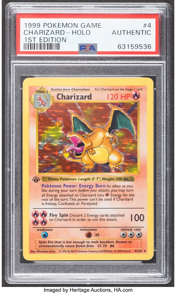 The front face of the graded 1st Edition copy of Charizard from the Pokémon TCG's Base Set. Currently available at auction on Heritage Auctions' website.