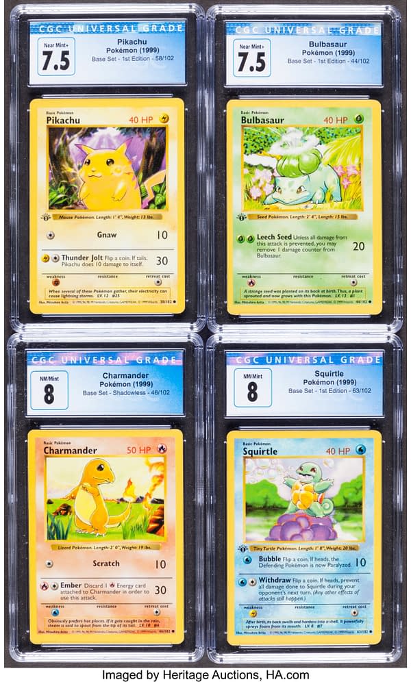 The lot of four Kanto starter Pokémon from the Pokémon TCG's Base Set. Currently available at auction on Heritage Auctions' website.