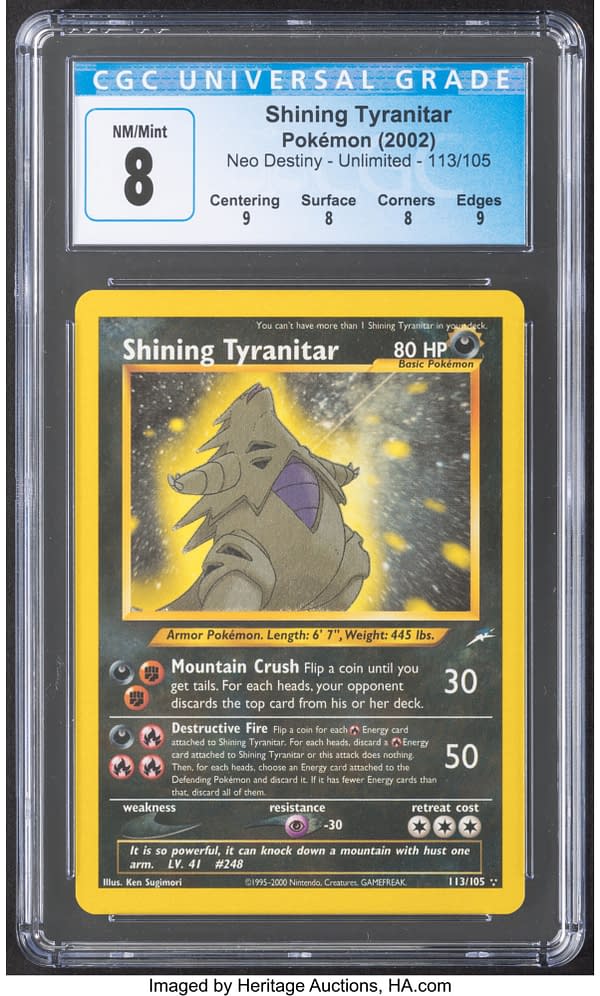 The front face of the graded copy of Shining Tyranitar from Neo Destiny, an expansion for the Pokémon TCG. Currently available at auction on Heritage Auctions' website.
