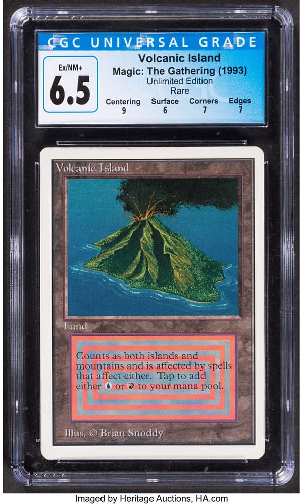 The front face of the graded copy of Volcanic Island from Magic: The Gathering's Unlimited set. Currently available at auction on Heritage Auctions' website.