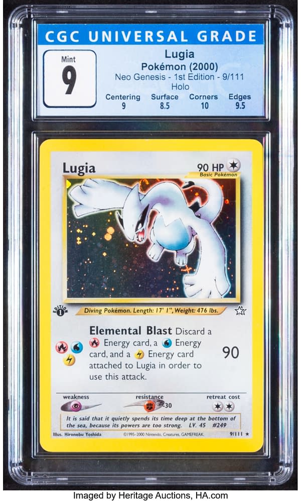 The front face of the grade 9 copy of Lugia from Neo Genesis, a major expansion set from the early days of the Pokémon TCG. Currently available at auction on Heritage Auctions' website.